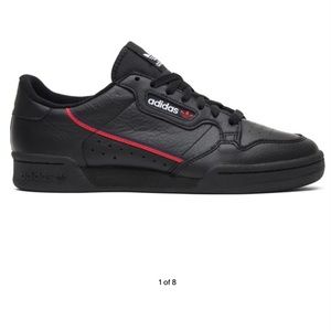 black and red adidas continental 80